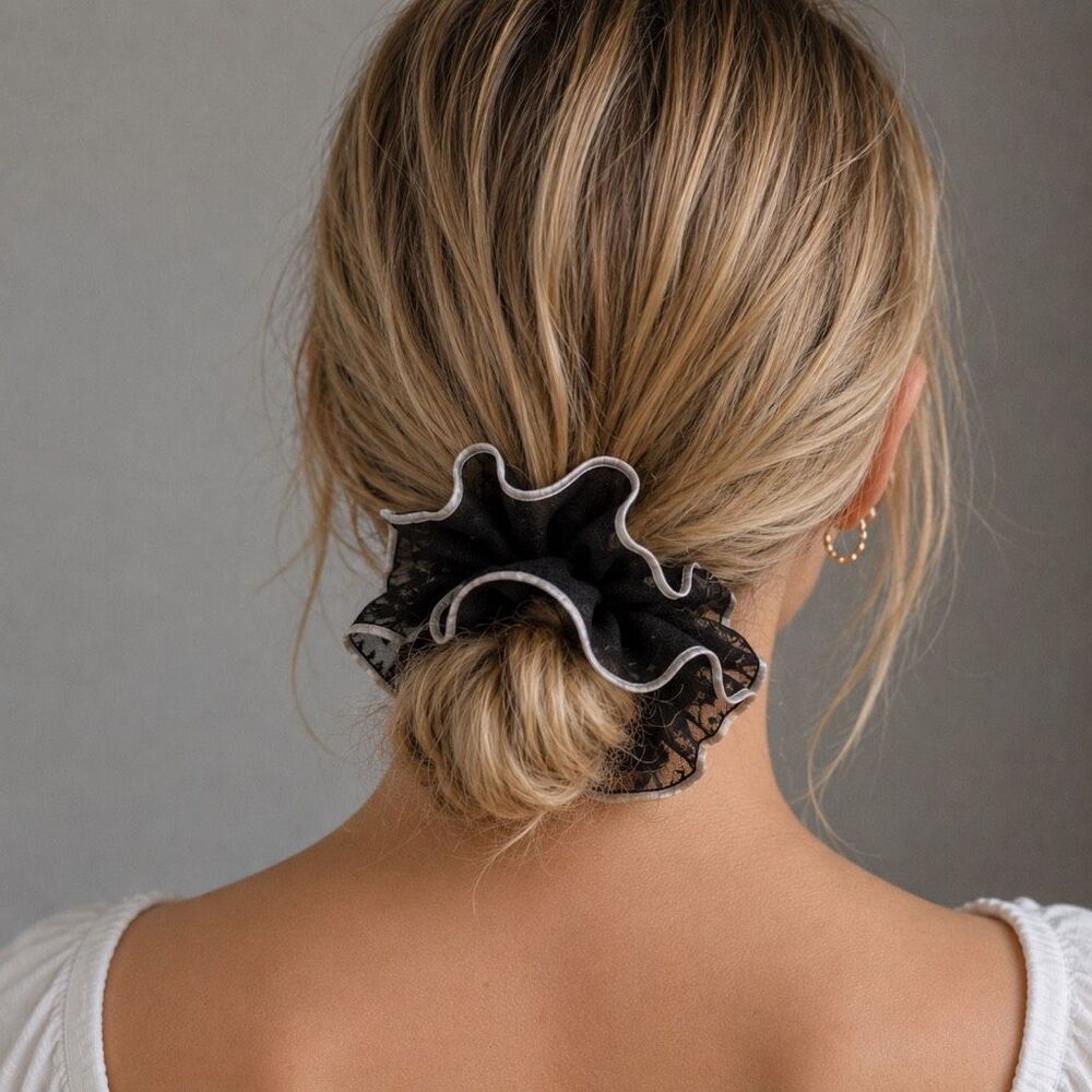 Oversized Black Organza Scrunchie with Ruffled Edge